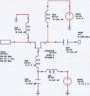 Figure 1. The ideal oscillator circuit is used to determine initial values of the feedback inductance and tuning stub length that satisfy the oscillation conditions and optimise output power